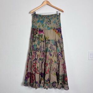 Boho Floral Tiered Patchwork Maxi Skirt Lagenlook Vintage